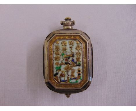 Chinese white metal snuff box of elongated octagonal form with polychromatic enamel decoration