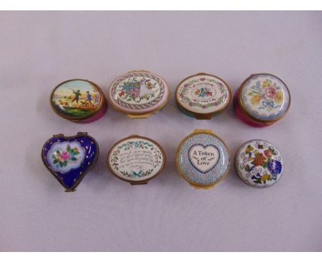 Eight ceramic and enamel pill and patch boxes to include Halcyon Days