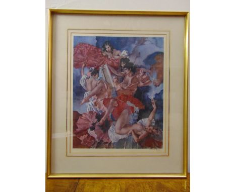 Russell Flint framed and glazed lithograph with blind stamp of six semi nude ladies, signed bottom right, 53 x 42cm