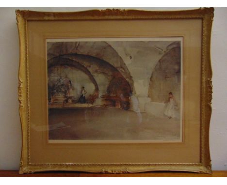 Russell Flint framed and glazed lithograph with blind stamp of ladies in a cavern, signed bottom right, 42 x 57cm