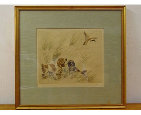 George Vernon Stokes framed and glazed limited edition lithograph of hunting dogs and a duck 53/75 signed bottom right, 25 x 