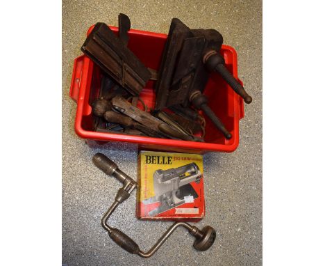 Tools - a Belle jigsaw;  wooden clamp;  chisels, scales, etc 