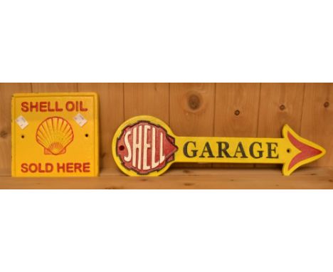 Two reproduction cast iron Shell advertising signs square and arrow  shaped (2)