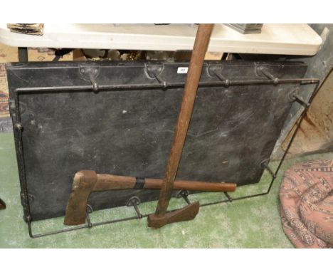 A vintage Land Rover galleried roof top trunk lid; two axes. (3)