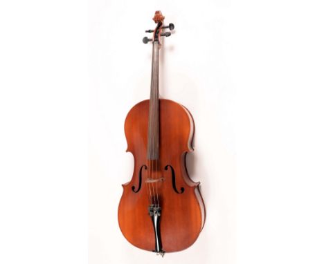 A cello, the two-piece back 76cm excluding button, ebonised tuning pegs, outlined with purfling, 120cm high overall, 20th cen