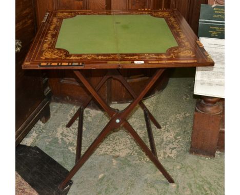 An Edwardian mahogany and marquetry patent closing upright card table, by W. Thornhill & Co, New Bond Street, London, folding