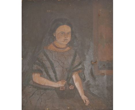 English SchoolPrimitive Portrait of Girl with a Basketoil on canvas, 75cm x 63cm (unframed)