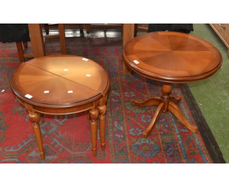 Theseira - a reproduction circular coffee table, tripod base,  a similar pair of side tables (3)