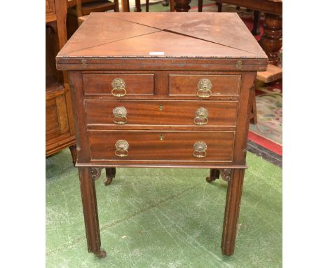 A George III Revival mahogany combination envelope card table/cabinet, folding top with bead-and-reel border above two short 