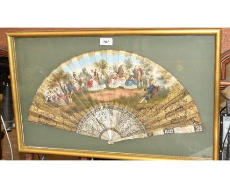 An early 19th century French forty-three stick fan, printed and then overpainted in colourful tones of gouache with a musical