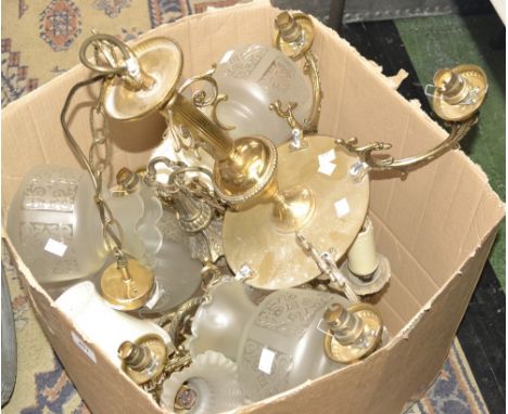 Lighting - a gilt metal neo classical five branch ceiling light, shaped scrolling arms, frosted glass shades; others, three b
