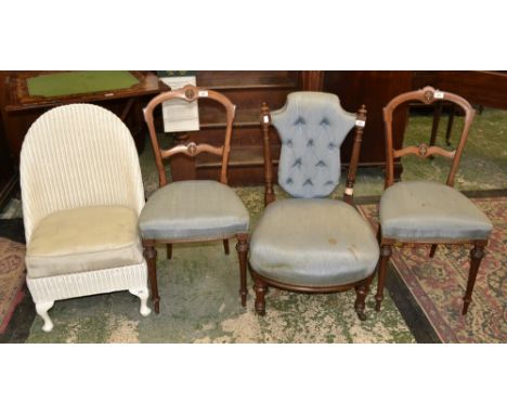 A Victorian mahogany button back nursing chair, carved uprights, ceramic casters, c.1880; a pair of Victorian mahogany salon 
