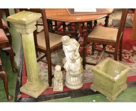 A reconstituted stone column, a planter, two figures