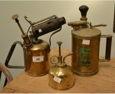A brass blow lamp; compressed air sprayer; oil can (3)
