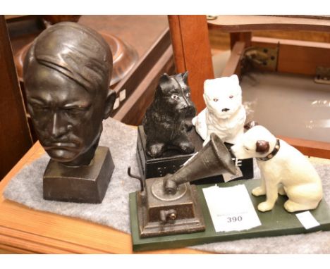 A reproduction cast iron HMV Nipper and gramophone; Black and White scotch whisky dogs; a bust (3) 