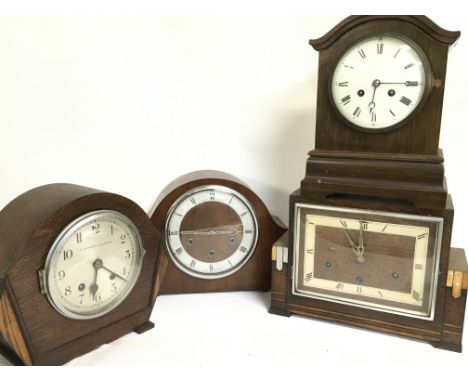 Oak Mantle clocks including Alexander Clark, Westminster clock company etc. A small barometer This lot cannot be posted