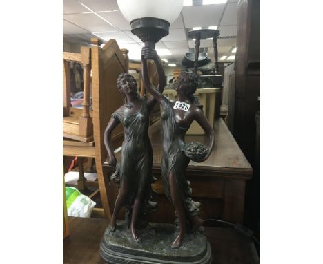 A modern lamp in the form of two classical maidens holding a frosted glass Shade .78 cm .
