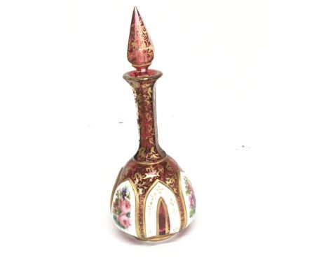 A Quality Victorian overlay ruby glass scent bottle with applied gilt and raised opaque panels with hand painted sprays of fl
