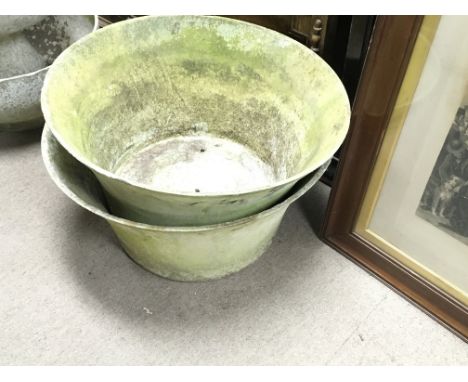 A florastone pair of large planters 60cm diameter and 30cm high. Long planter 124cm long. Postage D
