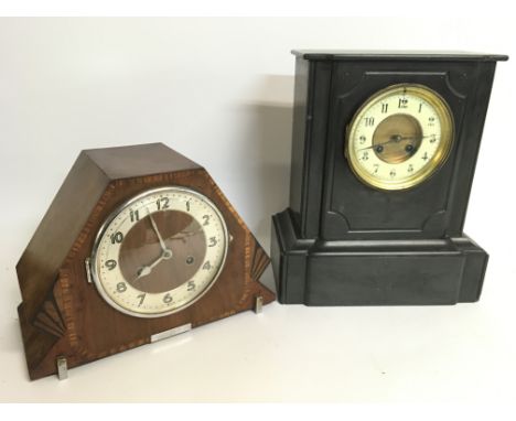 Mantle clocks including a slate clock and a wooden clock with inlaid design. NO RESERVE