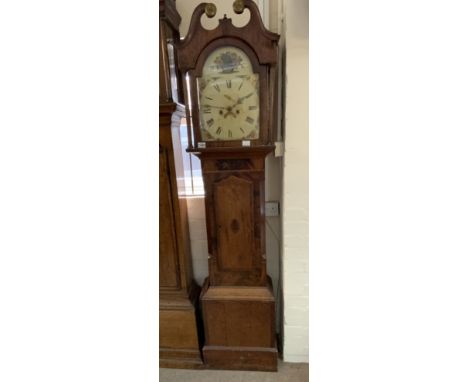 A Victorian oak cased grandfather clock, painted dial. (Pendulum no weights).
