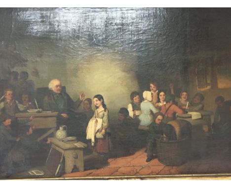 A mid 19th century oil painting on canvas depicting school children in an interior Indistinctly signed and dated 1848. Canvas
