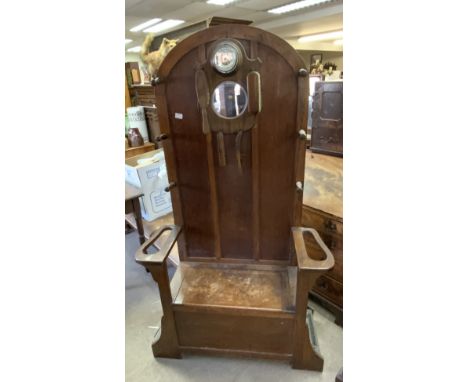 1950s oak hall stand with attached barometer and brush stand. 177cm x 99cm