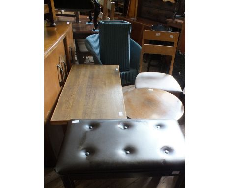 A loom tub chair and linen basket, two modern dining chairs, a stool and two occasional tables