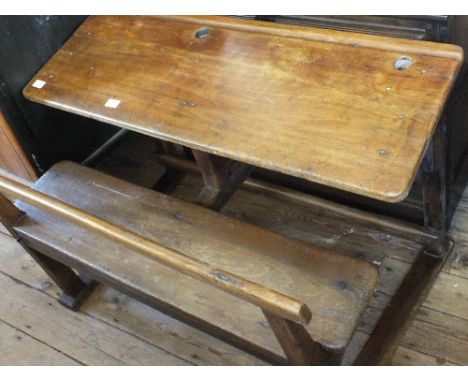 An elm vintage double school desk with fixed bench