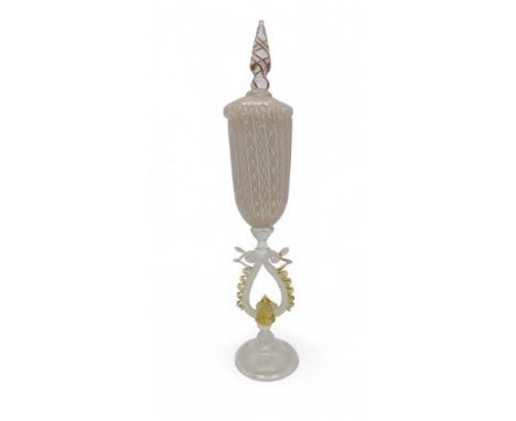 AN ITALIAN LATTICINIO GLASS DISH AND COVER ON STAND with white and gold aventurine twists, 43cm high Condition Report:Availab