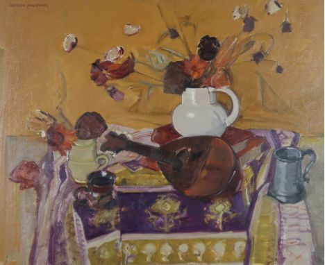 † NORMAN KIRKHAM RGI (SCOTTISH 1936-2021) STILL LIFE WITH MANDOLIN Oil on canvas, signed upper left, 66 x 82cm (26 x 32") Con