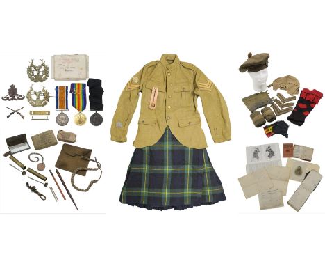 A WW1 GORDON HIGHLANDERS UNIFORM AND ARCHIVE OF PERSONAL EFFECTS BELONGING TO 292299 LANCE CORPORAL ANDREW G. CATTO Comprisin