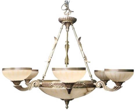 A 20TH CENTURY ALABASTER AND BRASS SIX BRANCH PLAFONNIER CEILING LIGHT each branch with alabaster shade on scrolled foliate d