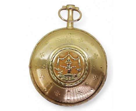 A GEORGIAN/EARLY VICTORIAN GOLD POCKET WATCH with engine turned engraving and three colour gold decorative panel, with birds,