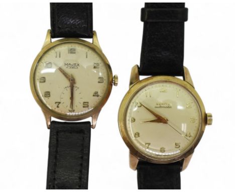 TWO 9CT VINTAGE WATCHES a gents Majex manual wind watch, with cream dial, gold coloured Arabic numerals and dauphin hands, 17