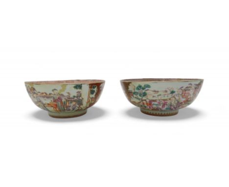 TWO CHINESE EXPORT FAMILLE ROSE PUNCH BOWLS&nbsp; One painted with a Mandarin and family within gilt scroll and cell pattern 