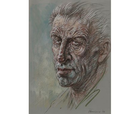 † PETER HOWSON OBE (BRITISH B.1958) SELF PORTRAIT (2008) Mixed media on grey paper, signed lower right dated (20)08, 30 x 22c