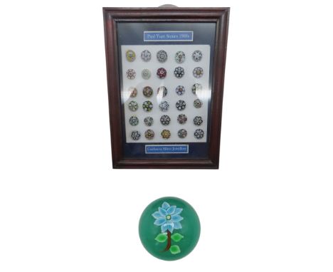 A GLASS PAPERWEIGHT after PAUL YSART&nbsp;modelled with a blue petal flower with PY cane to the middle, together with a colle