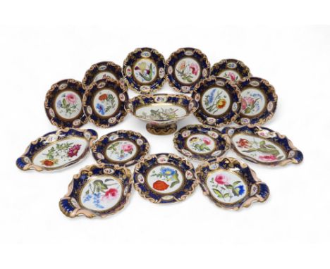 AN ANTIQUE PORCELAIN BOTANICAL PAINTED DESSERT SERVICE possibly Machin or Ridgways comprising plates, dishes and tazzas, the 