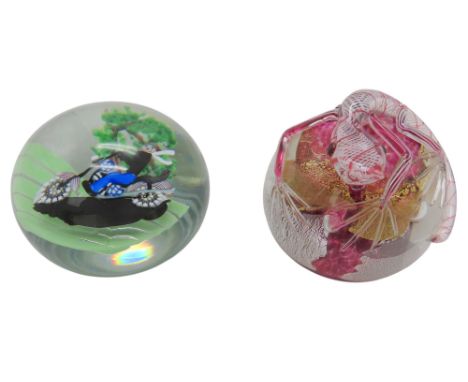 A MICHAEL JAMES HUNTER, TWISTS GLASS STUDIO PAPERWEIGHT Ruby Lizard, together with another of a Clown riding a motorbike, wit