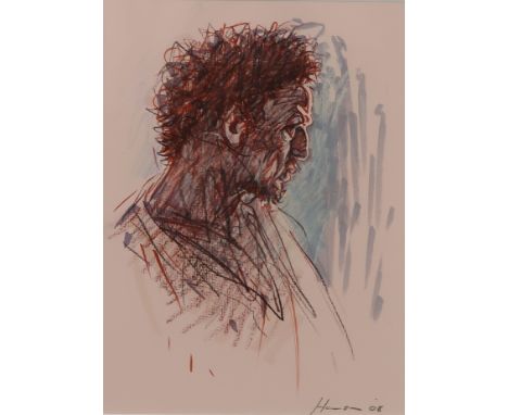 † PETER HOWSON OBE (BRITISH B.1958) APOSTLE - ST. JAMES Mixed media on pink paper, signed lower right, dated (20)08, signed a