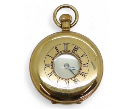 A 9CT GOLD WALTHAM HALF HUNTER with blue enamelled chapter ring, classic white enamelled dial, with black Roman numerals and 