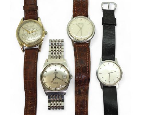 FOUR WATCHES A Stainless steel Girard Perregaux with 17 jewel movement. Brushed silvered dial with silver coloured baton nume