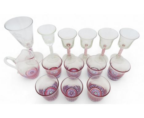 A WHITEFRIARS 1953 CORONATION GOBLET with coloured twist stem, 20.5cm high, a John Deacons white twist stem glass, four red a