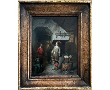 HENDRICKS JOHANNES SCHEERS (1829-1864) OIL ON PANEL - A VISIT TO THE ARMOURER 14CM X 19CM- VERY GOOD ORIGINAL CONDITION