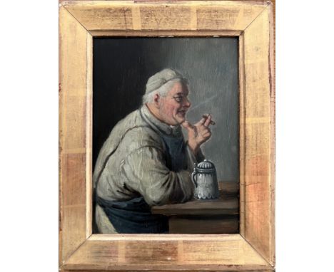 CONSTANTIN STOITZNER (1863-1934) OIL ON PANEL ''MAN DRINKING BEER'' SIGNED 16CM X 21CM - MINOR SPREAD