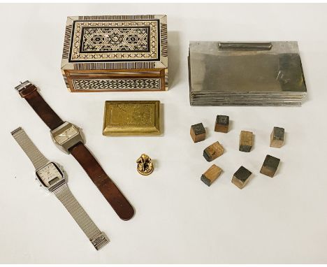 INTERESTING ITEMS - LOT INCLUDES VINTAGE WATCHES , BRASS VESTA, MINIATURE SEALS OF STAMPS