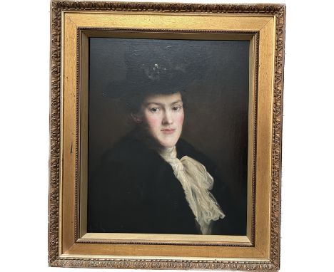 19THC ENGLISH SCHOOL OIL ON CANVAS - STYLISH PORTRAIT OF LADY WEARING A HAT - SIGNED WITH INITIALS 56CM X 69CM - 1 PATCH REPA