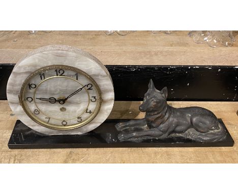 ART DECO MARBLE CASE DOG FIGURE MANTLE CLOCK
