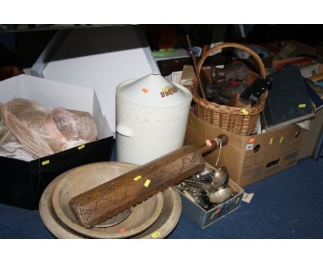 THREE BOXES AND LOOSE ITEMS, to include kitchenalia, Dough bowls, butter pat, cutlery, bread bin, hats, picnic set, books etc